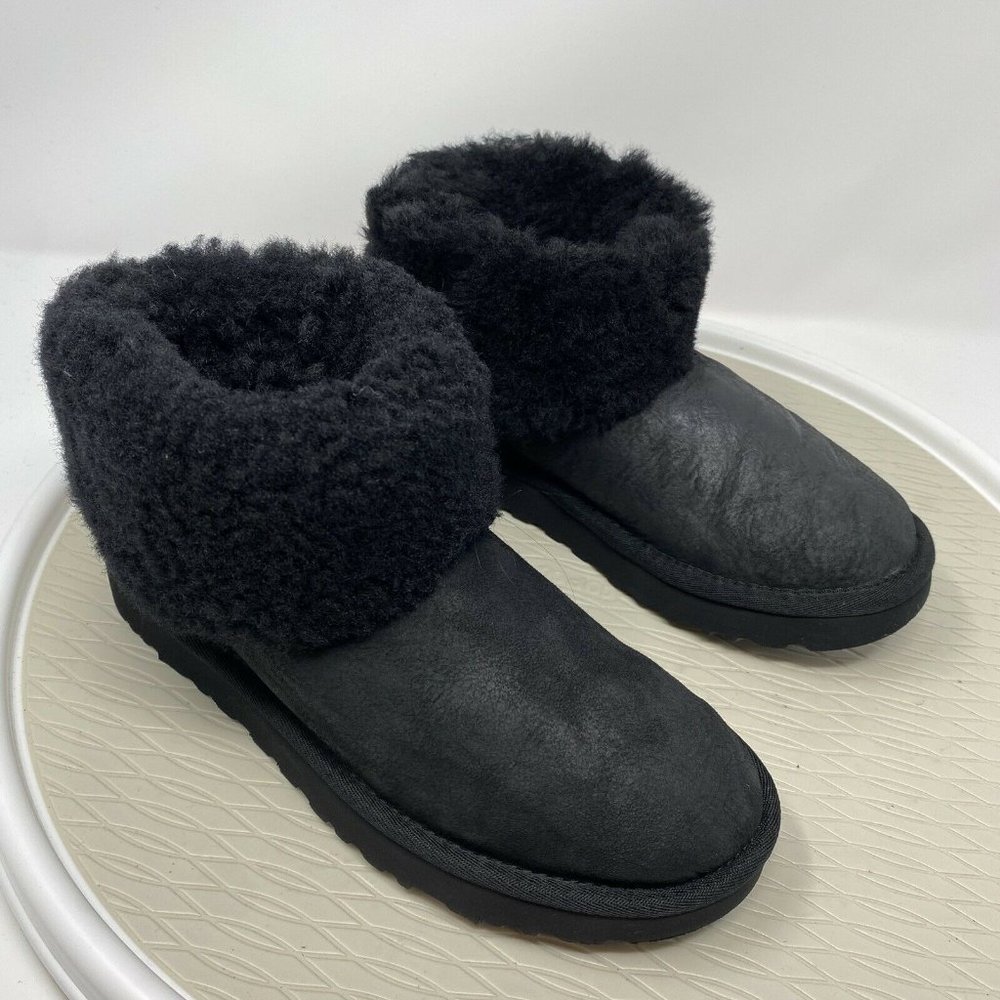 Ugg Women Black Bootie Women 6 Mini Fluff Black Suede Ankle Boot Shearling Lined